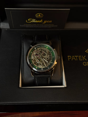 Patek Philippe Style Skeleton Dial Green Chapter Ring Black Case Black Mesh Strap