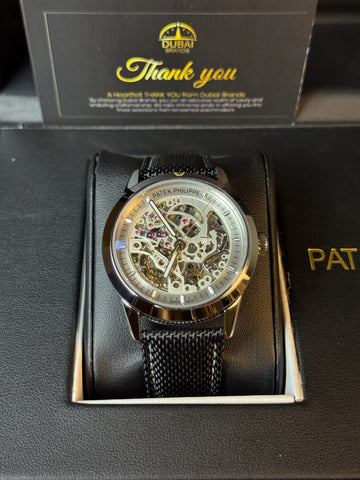 Patek Philippe Style Skeleton Dial Silver Chapter Ring Black Case Black Mesh Strap