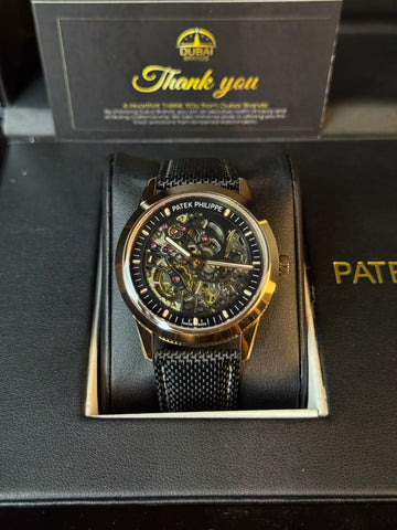 Patek Philippe Style Skeleton Dial Black Chapter Ring Rose Gold Case Black Mesh Strap
