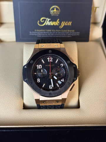 Hublot Big Bang Style Chronograph Black Dial Rose Gold Case Black Rubber Strap