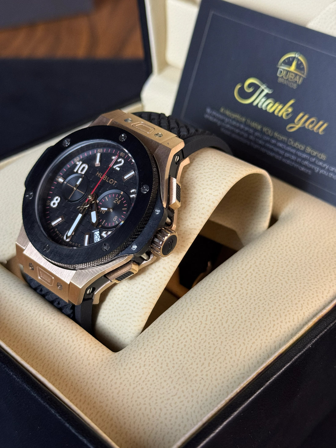 Hublot Big Bang Style Chronograph Black Dial Rose Gold Case Black Rubber Strap