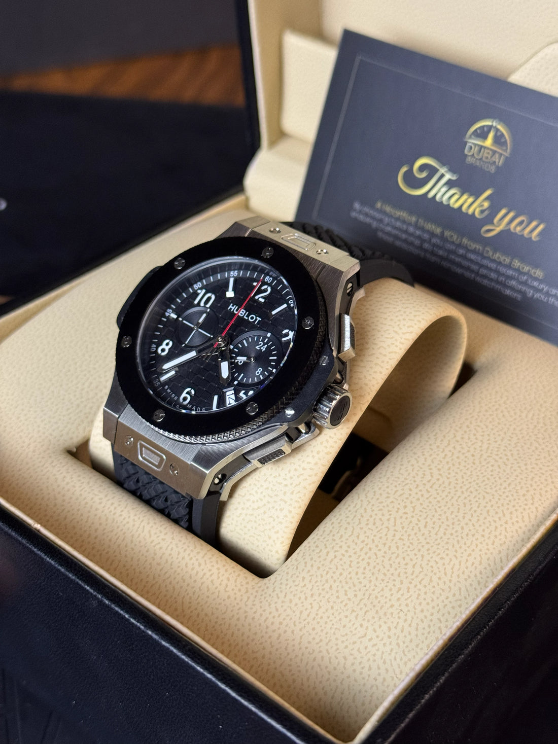 Hublot Big Bang Style Chronograph Black Dial Stainless Steel Case Black Rubber Strap