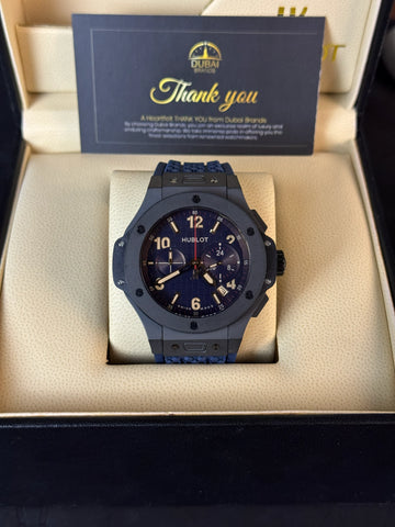 Hublot Big Bang Style Chronograph Blue Dial Matte Black Case Blue Rubber Strap