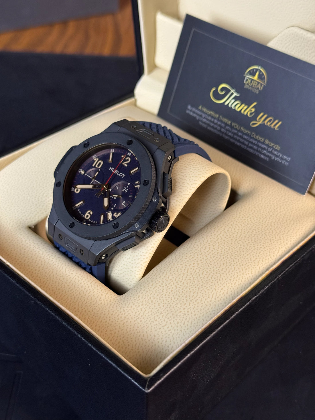 Hublot Big Bang Style Chronograph Blue Dial Matte Black Case Blue Rubber Strap