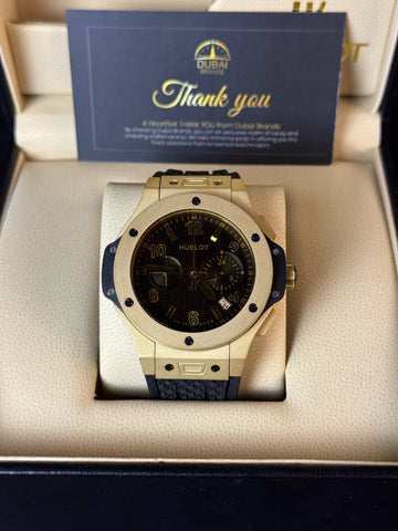 Hublot Big Bang Style Chronograph Black Dial Gold Case Blue Rubber Strap