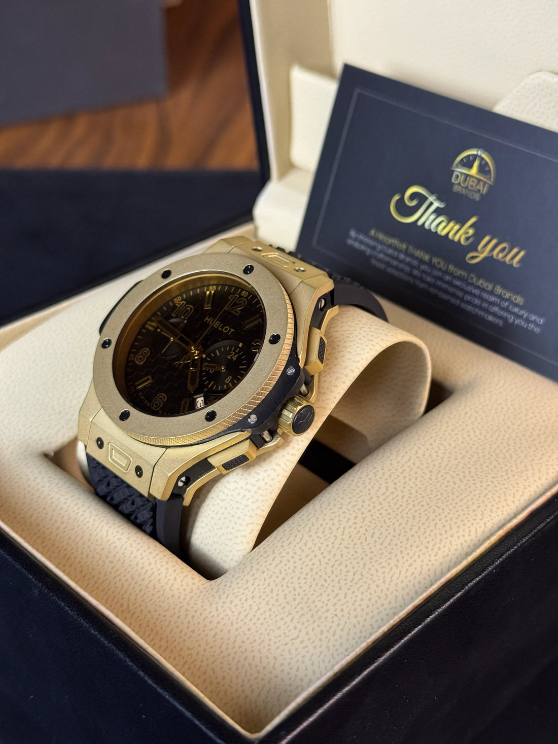 Hublot Big Bang Style Chronograph Black Dial Gold Case Blue Rubber Strap