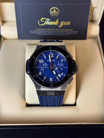 Hublot Big Bang Style Chronograph Blue Dial Stainless Steel Case Blue Rubber Strap