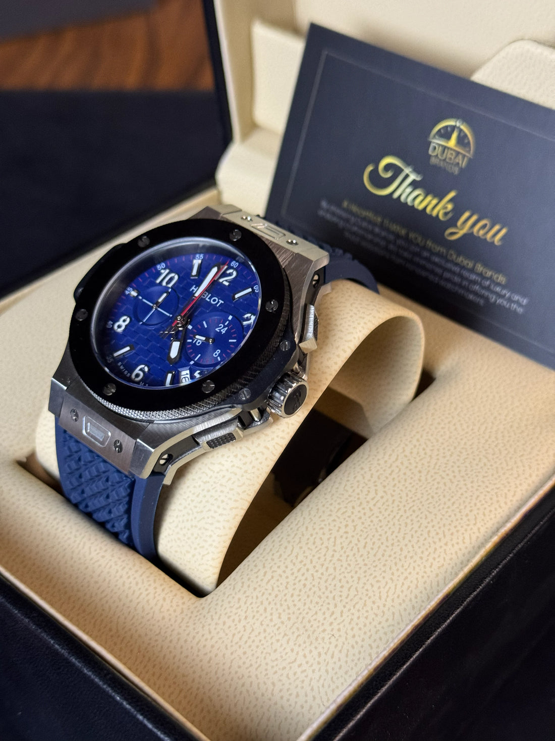 Hublot Big Bang Style Chronograph Blue Dial Stainless Steel Case Blue Rubber Strap