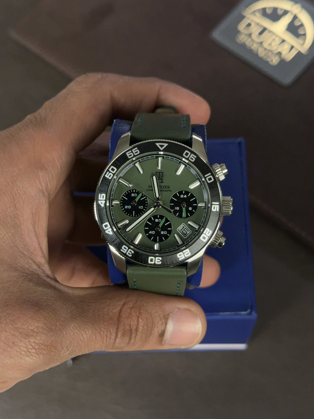 Tommy Hilfiger Original Chronograph Watch For Men 1792188 Green Dial Green Leather Strap