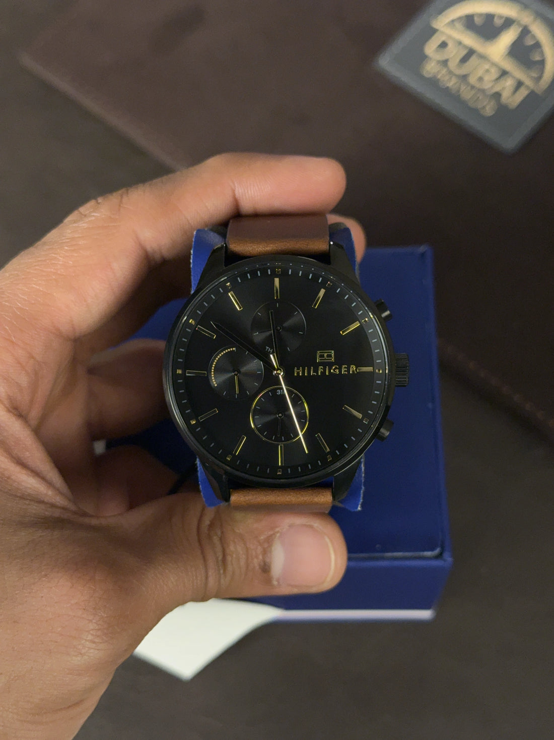 Tommy Hilfiger Chase Original Chronograph Watch For Men 1791486 Black Dial Brown Leather Strap