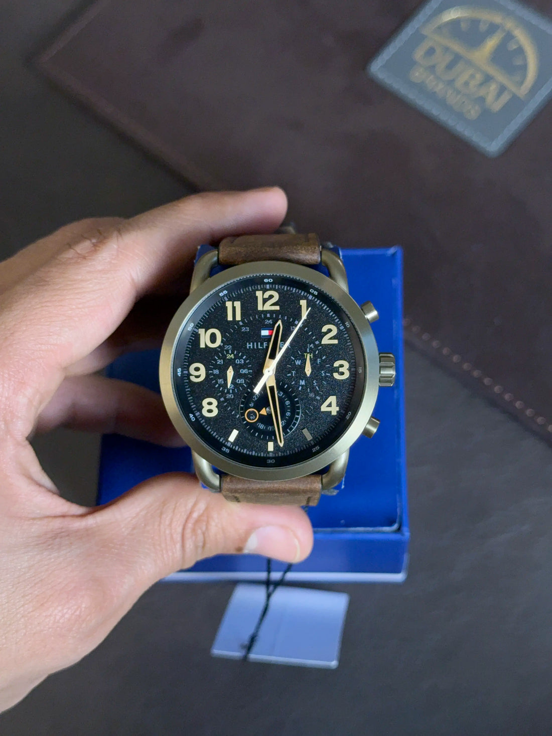 Tommy Hilfiger Briggs Original Multi-Function Watch For Men 1791425 Black Dial Brown Leather Strap