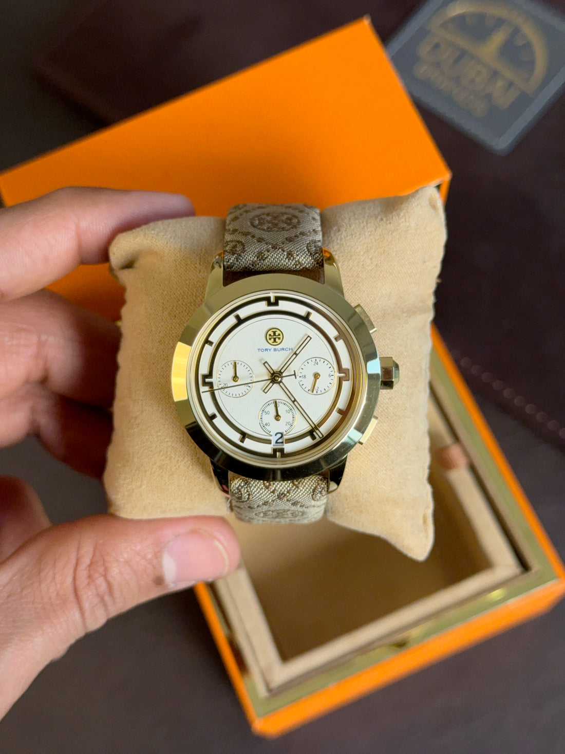 Tory Burch Monogram Original Watch For Women TBW1035 Green Dial Gold Stainless Steel Bracelet