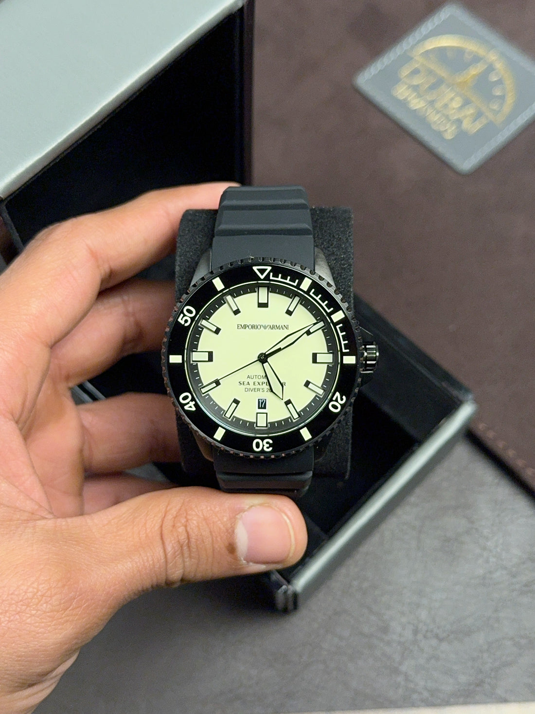 Emporio Armani Sea Explorer Original Automatic Watch For Men AR60085 Yellow Dial Silicone Strap