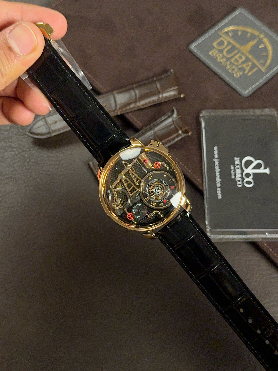 Jacob & Co Oil Pump Watch For Men 49.5MM Black Dial Leather Strap Rose Gold