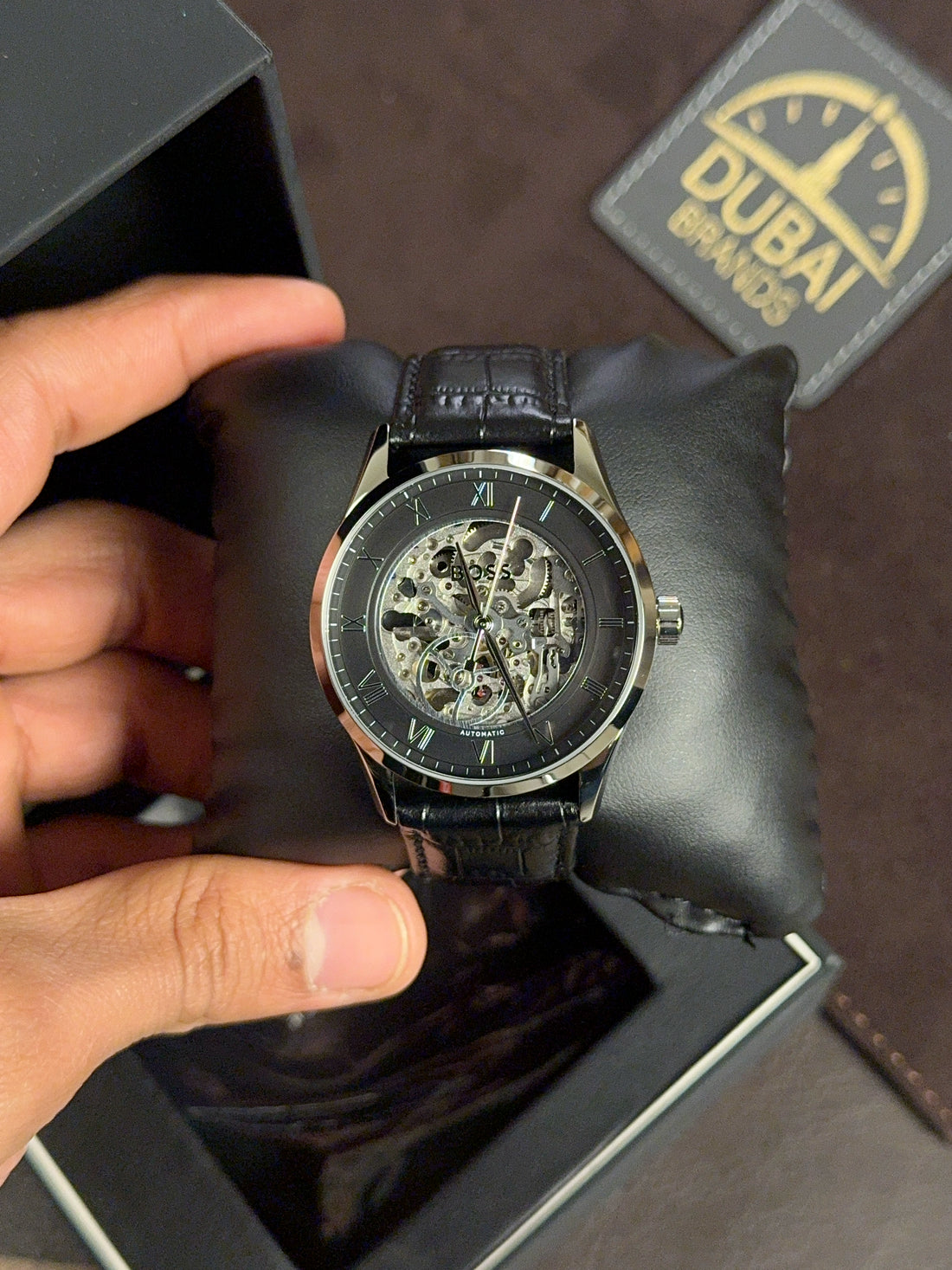 Hugo Boss Original Watch For Men 1514234 Automatic Skeleton Black Leather