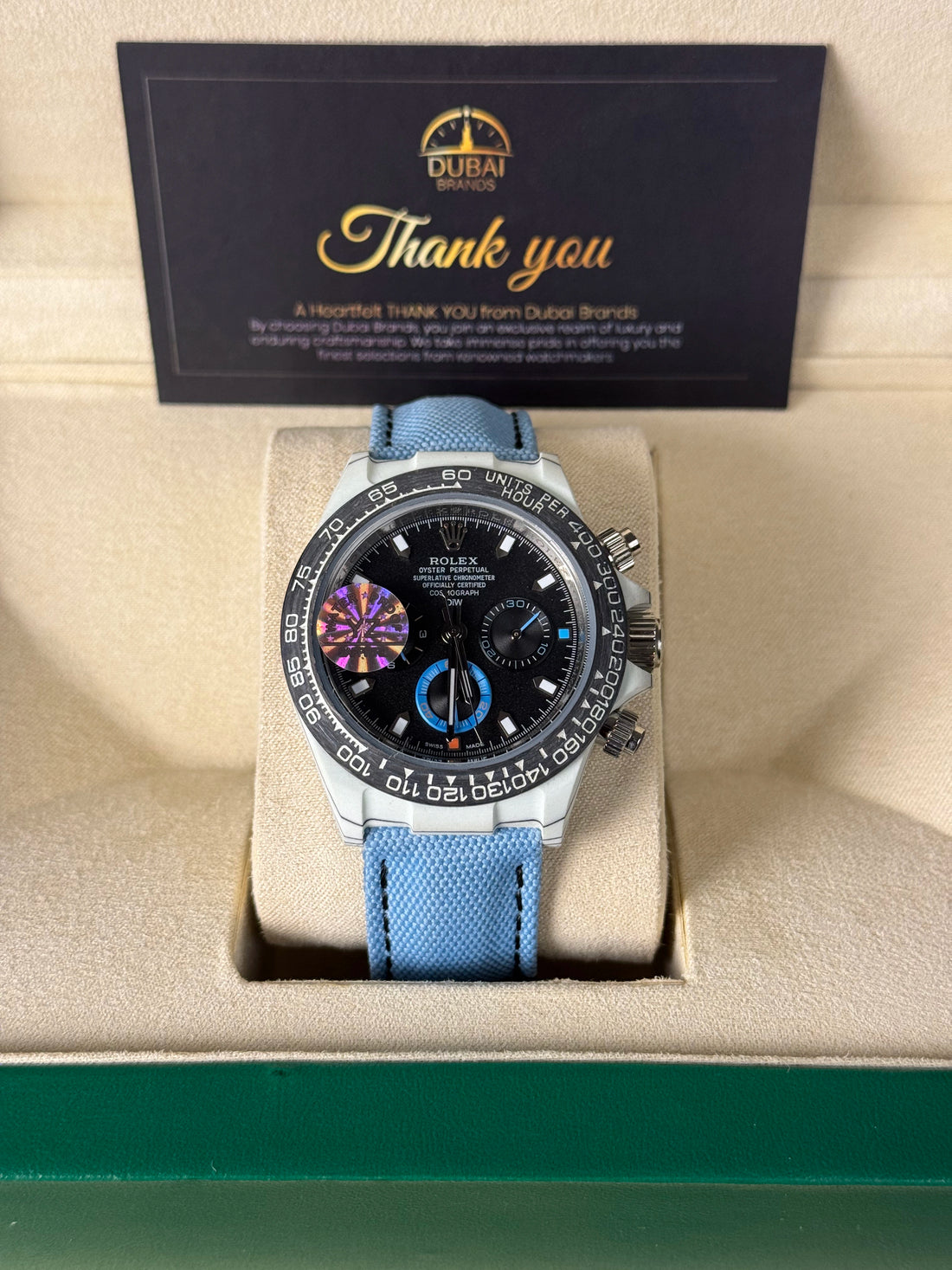 Rolex Daytona 40 Stainless Steel Black Dial Blue Subdials Ceramic Rubber