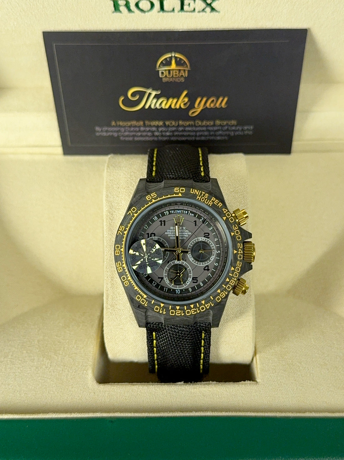 Rolex Daytona 40 Yellow Gold Black Dial Gold Subdials Ceramic Rubber