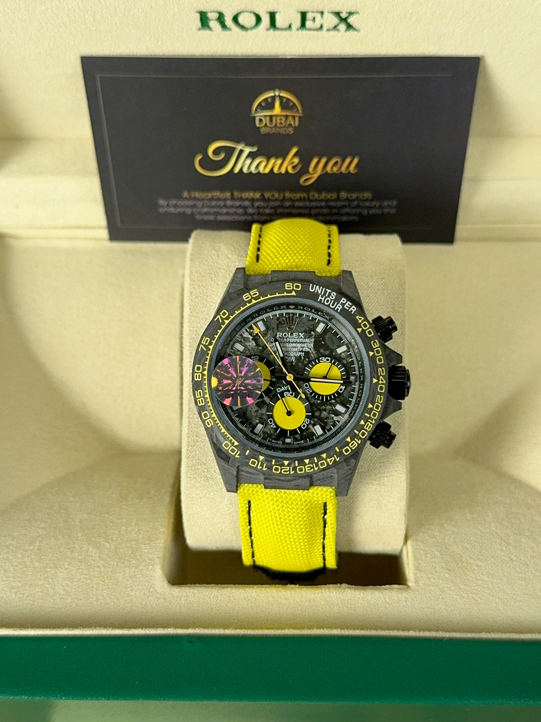 Rolex Daytona 40 Carbon Black Skeleton Dial Yellow Subdials Ceramic Rubber