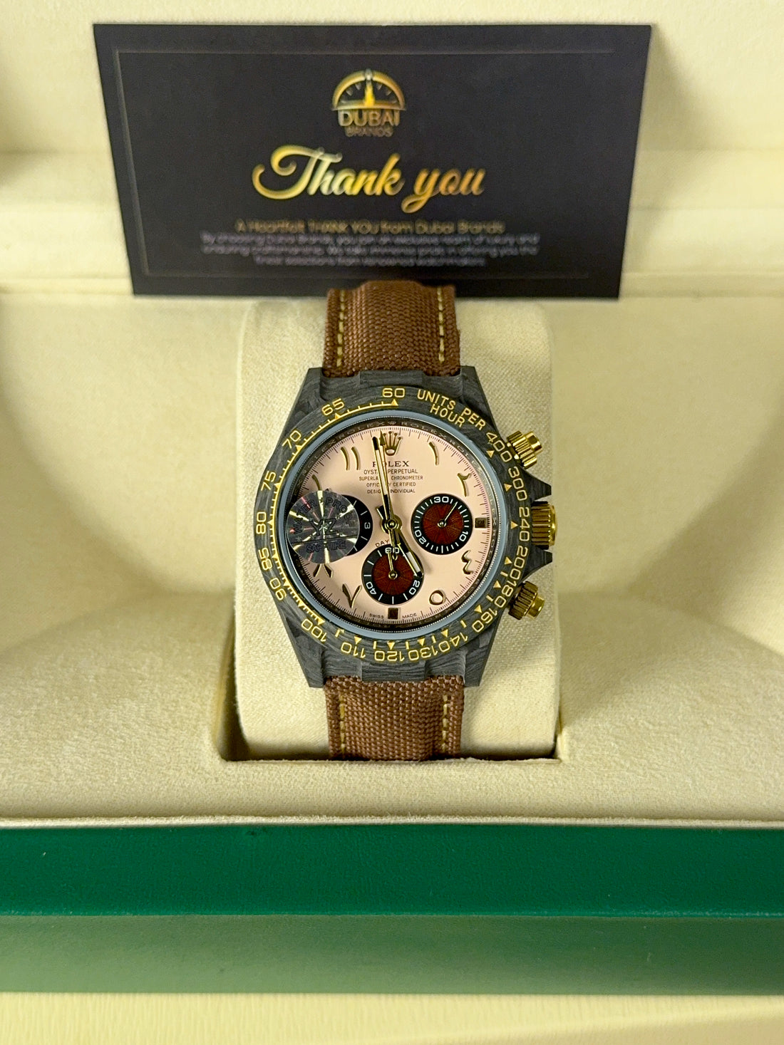 Rolex Cosmograph Daytona Carbon Beige Dial Brown Subdials Brown Fabric Strap