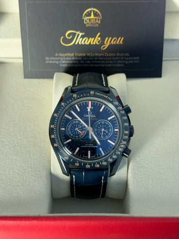 Omega Speedmaster Chronograph Large Blue Dial Tachymeter Blue Leather Strap