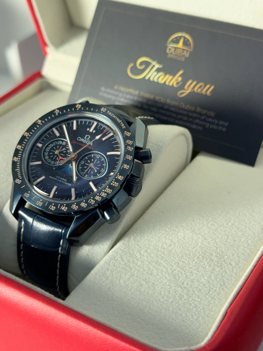 Omega Speedmaster Chronograph Large Blue Dial Tachymeter Blue Leather Strap