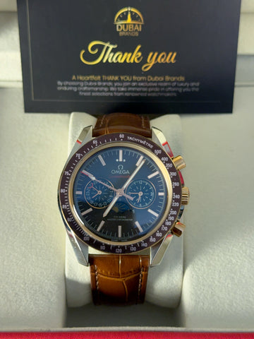 Omega Speedmaster Chronograph Large Blue Dial Tachymeter Two Tone Brown Leather Strap