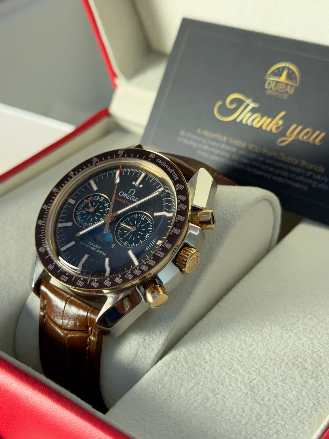 Omega Speedmaster Chronograph Large Blue Dial Tachymeter Two Tone Brown Leather Strap