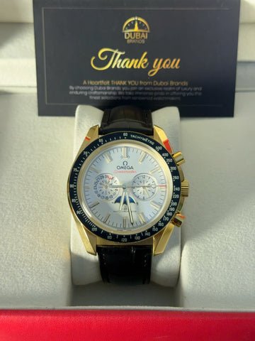 Omega Speedmaster Chronograph Large White Dial Tachymeter Gold Case Black Leather Strap