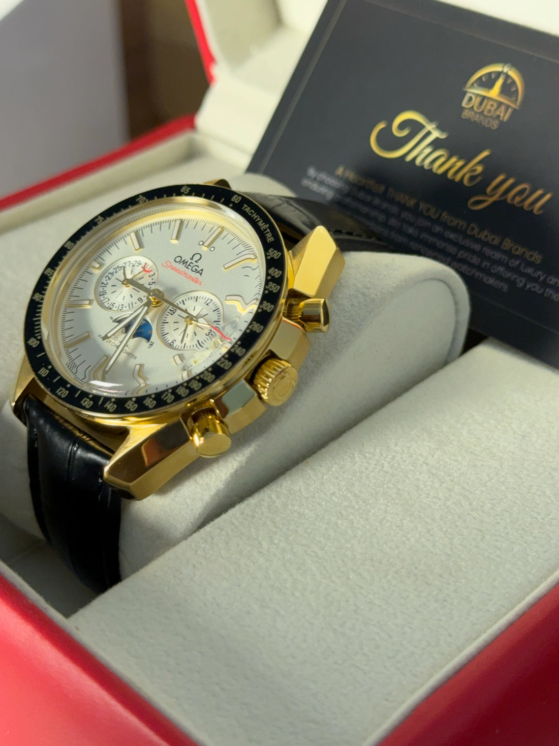 Omega Speedmaster Chronograph Large White Dial Tachymeter Gold Case Black Leather Strap