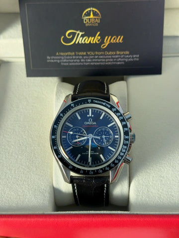 Omega Speedmaster Chronograph Large Blue Dial Tachymeter Stainless Steel Black Leather Strap