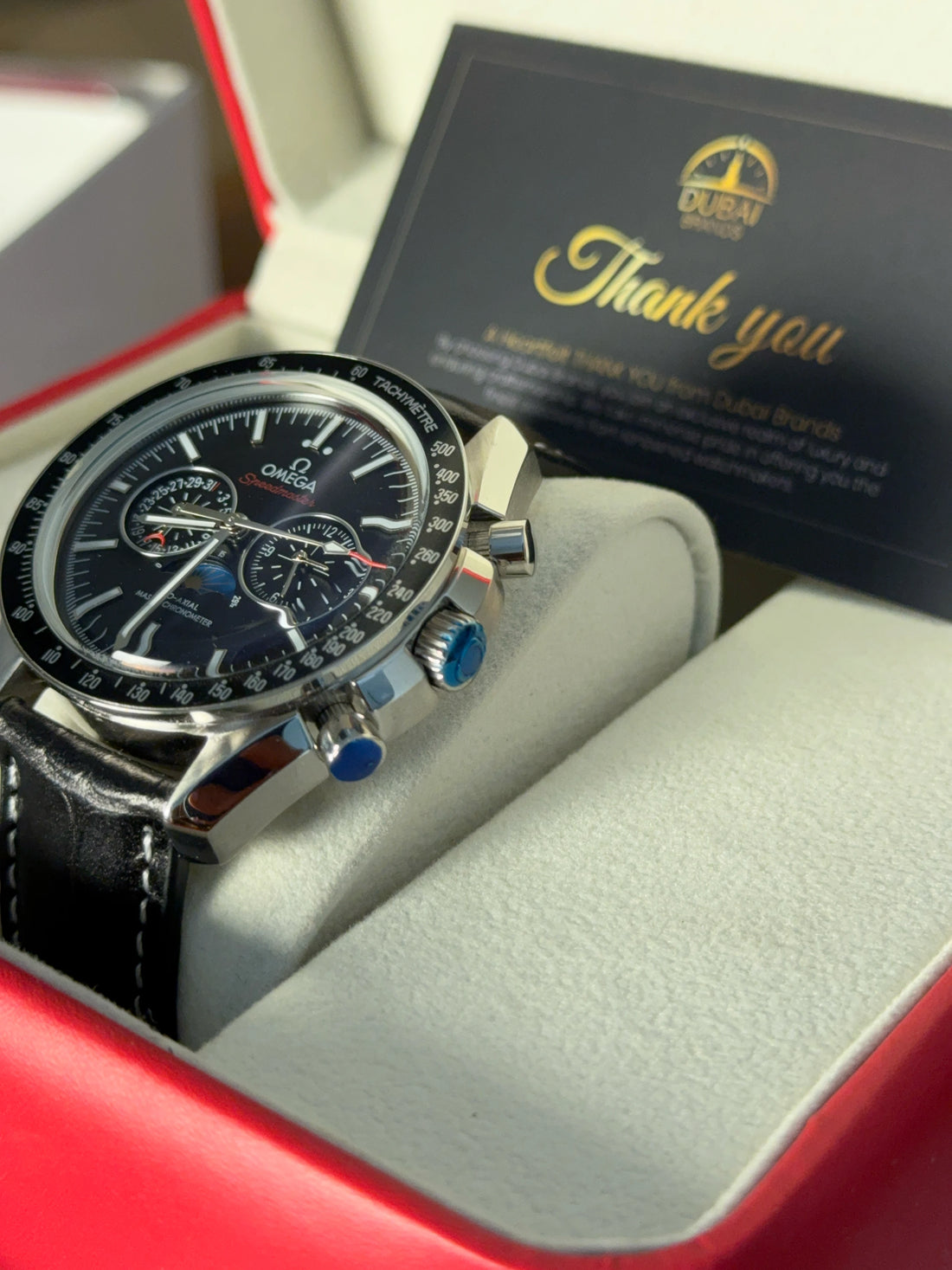 Omega Speedmaster Chronograph Large Blue Dial Tachymeter Stainless Steel Black Leather Strap