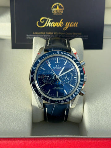 Omega Speedmaster Chronograph Large Blue Dial Moonphase Tachymeter Blue Leather Strap