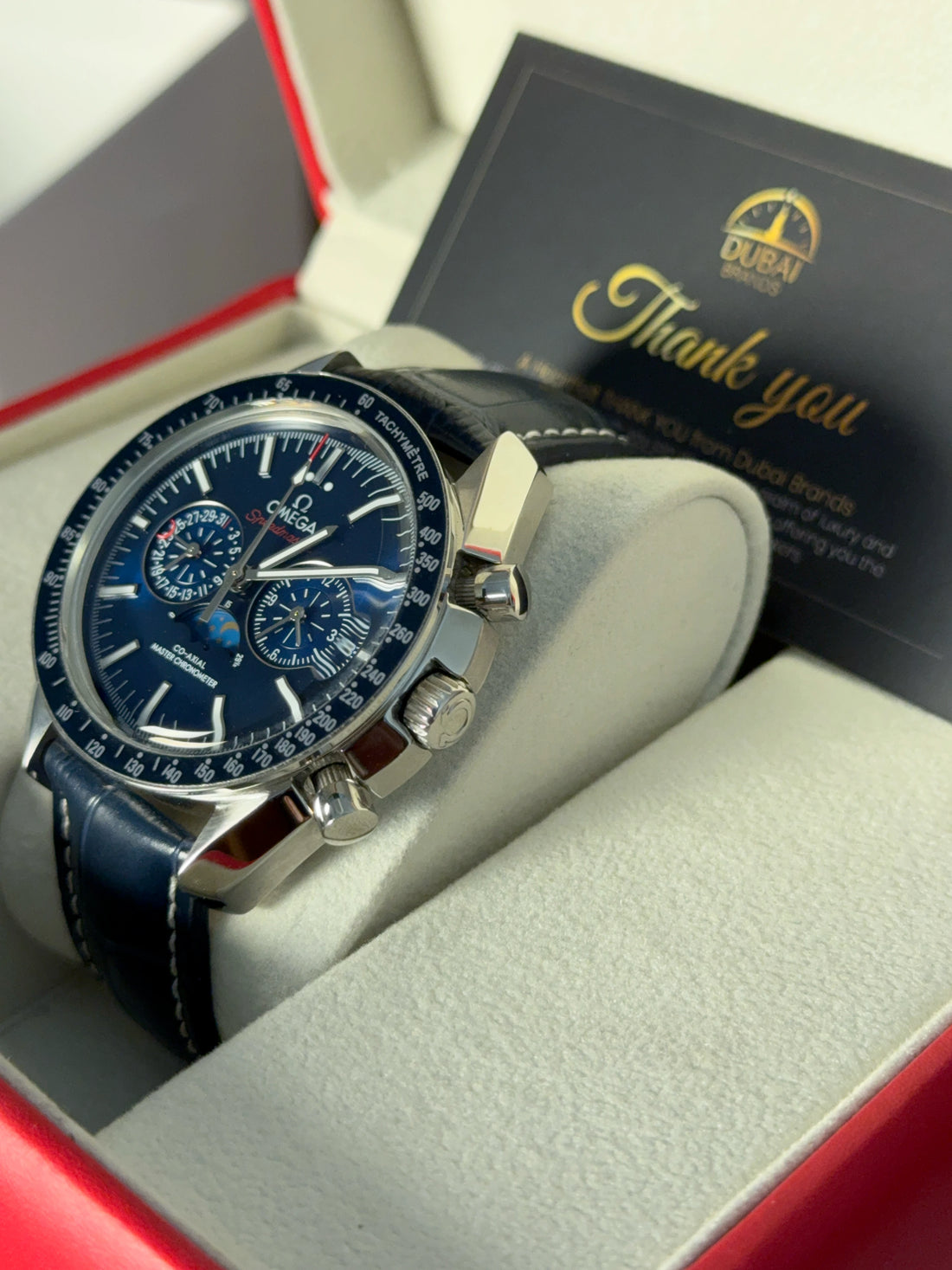 Omega Speedmaster Chronograph Large Blue Dial Moonphase Tachymeter Blue Leather Strap