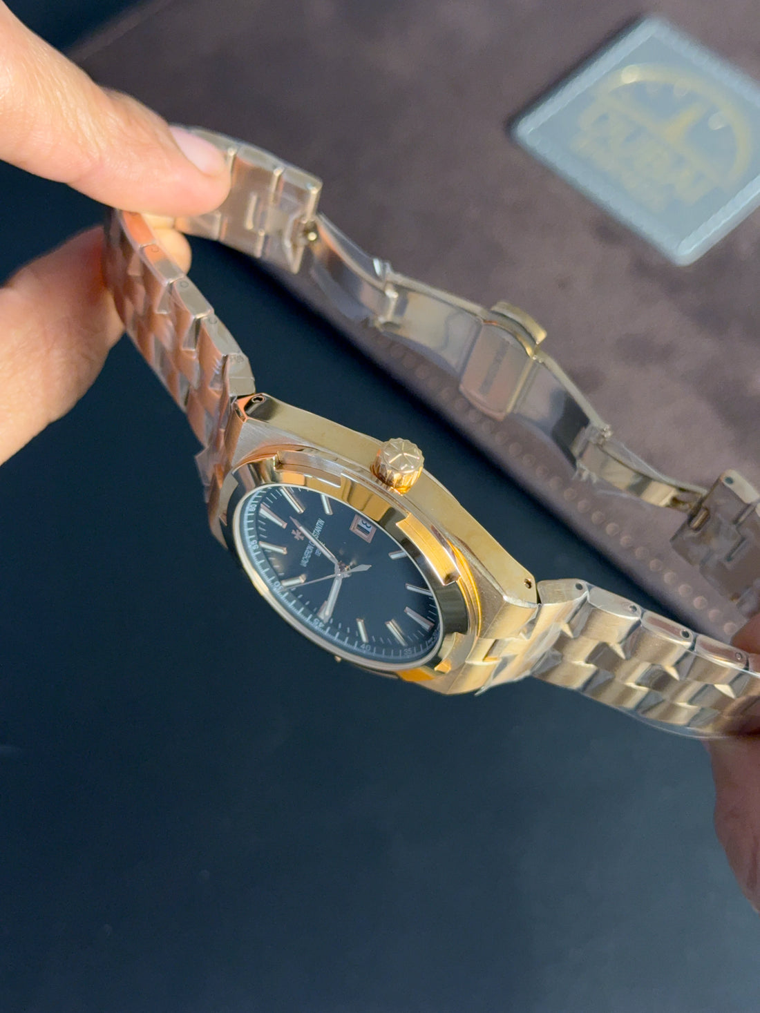 Vacheron Constantin Overseas Black Dial Gold Tone Stainless Steel Integrated Bracelet