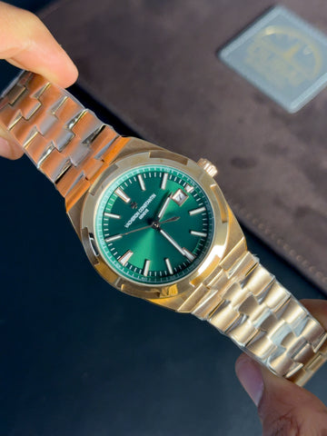 Vacheron Constantin Overseas Green Sunburst Dial Gold Tone Stainless Steel Integrated Bracelet