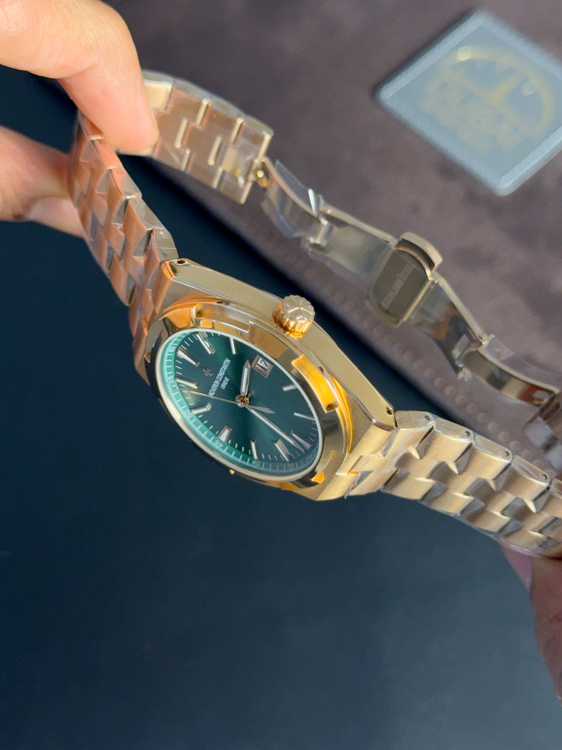 Vacheron Constantin Overseas Green Sunburst Dial Gold Tone Stainless Steel Integrated Bracelet