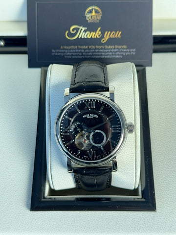 Patek Philippe Open Heart Black Dial Stainless Steel Leather Strap