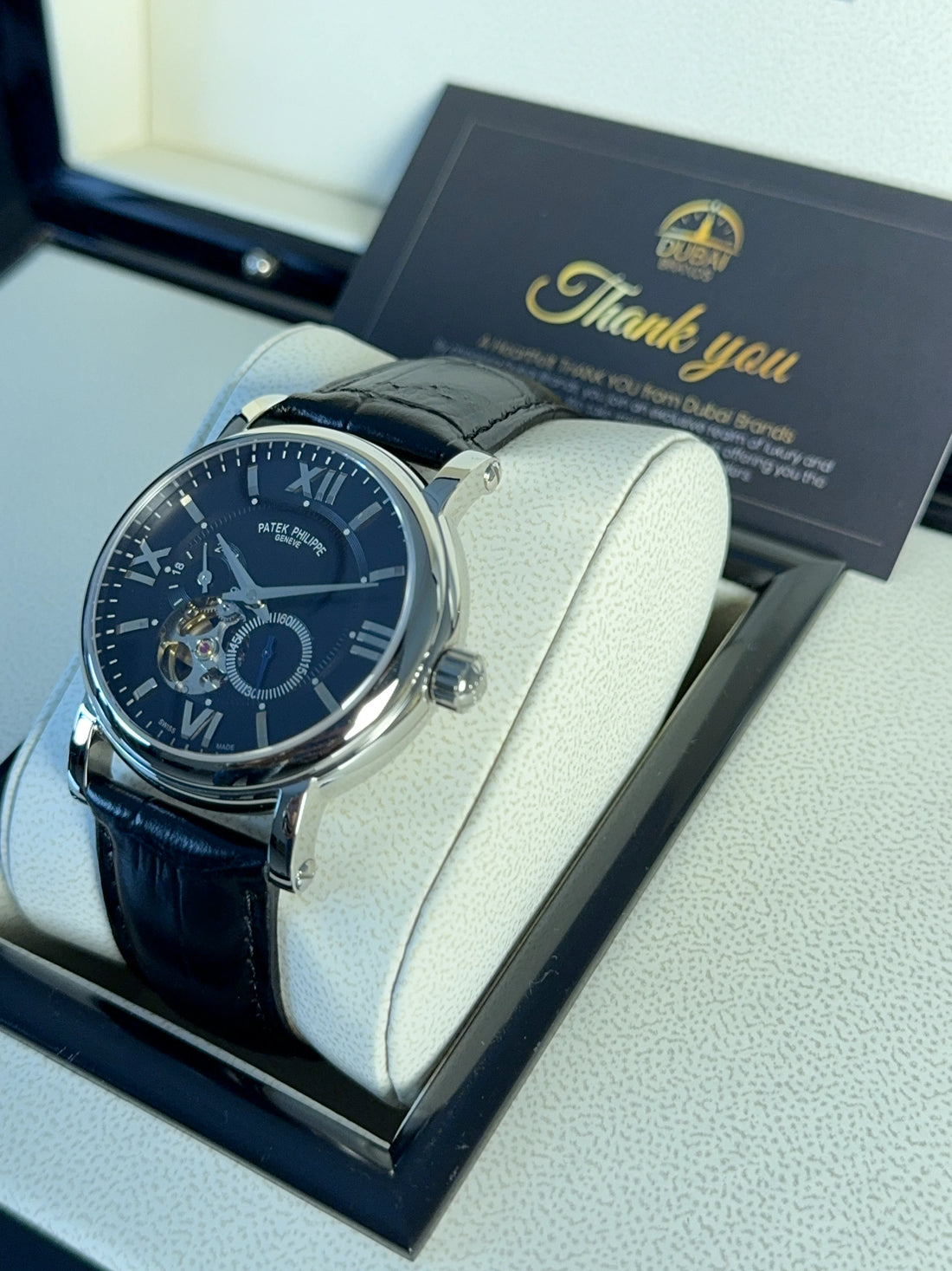 Patek Philippe Open Heart Black Dial Stainless Steel Leather Strap