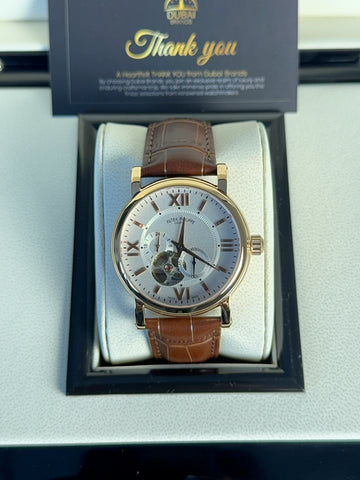Patek Philippe Open Heart Silver Dial Gold Tone Case Brown Leather Strap