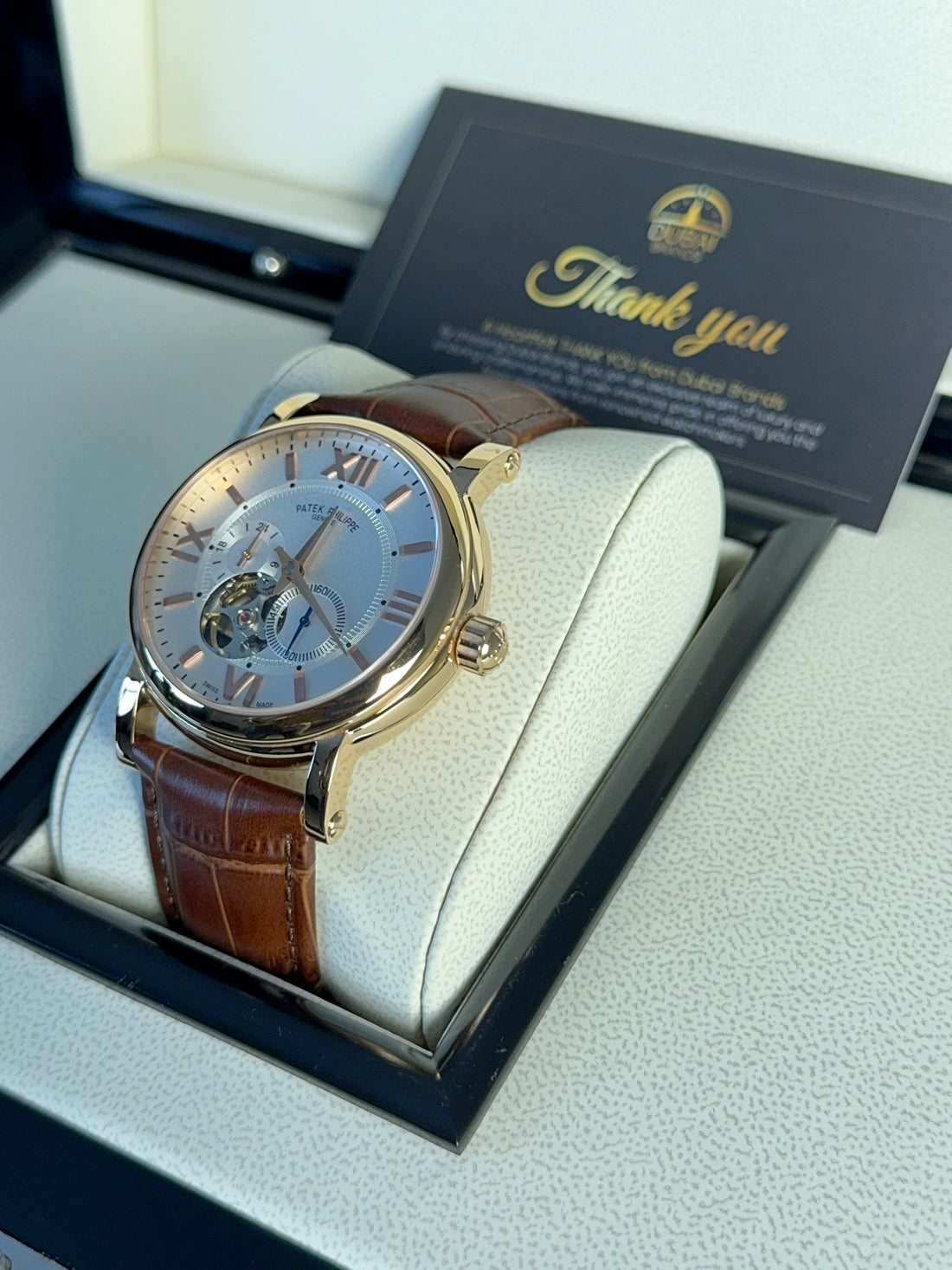 Patek Philippe Open Heart Silver Dial Gold Tone Case Brown Leather Strap