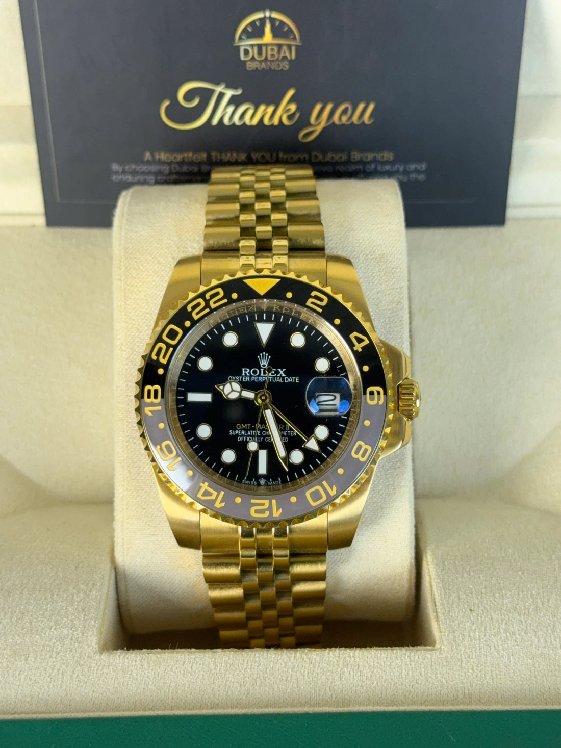 Rolex GMT Master II 40 Yellow Gold Black Dial Black Bezel Jubilee