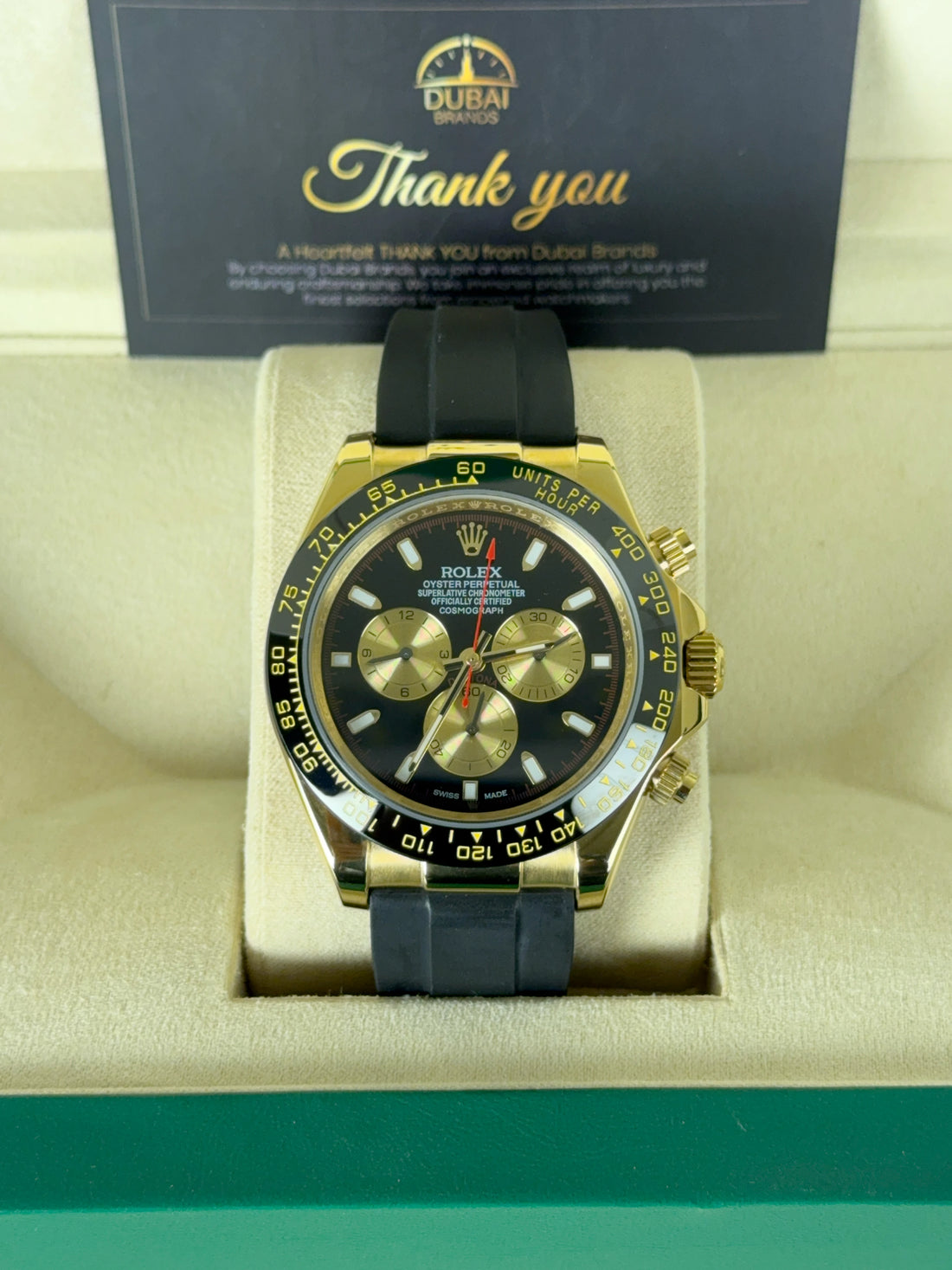 Rolex Daytona 40 Yellow Gold Black Dial Gold Subdials Ceramic Rubber