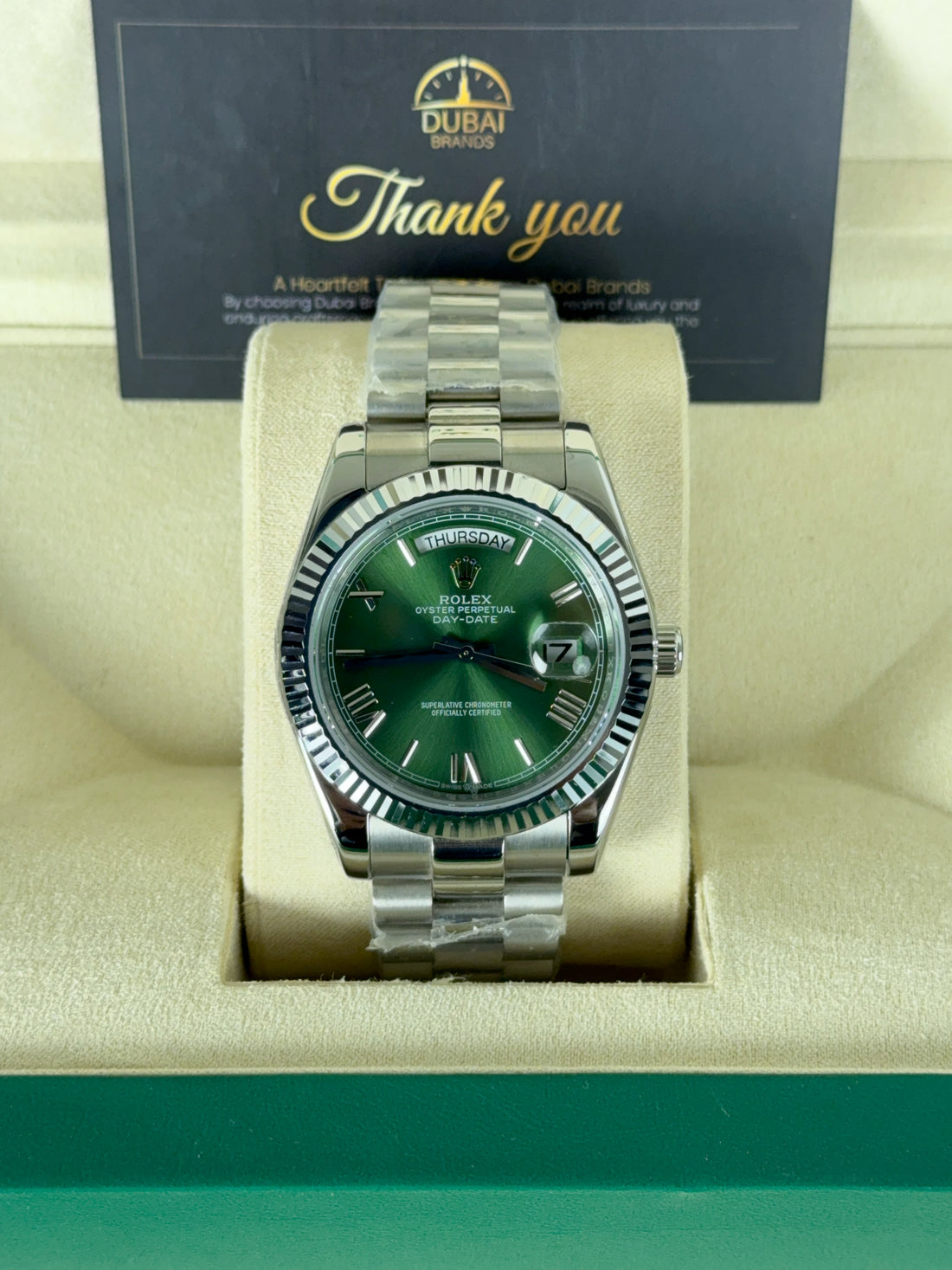 Rolex Day Date 40 Stainless Steel Olive Green Roman Dial Fluted President