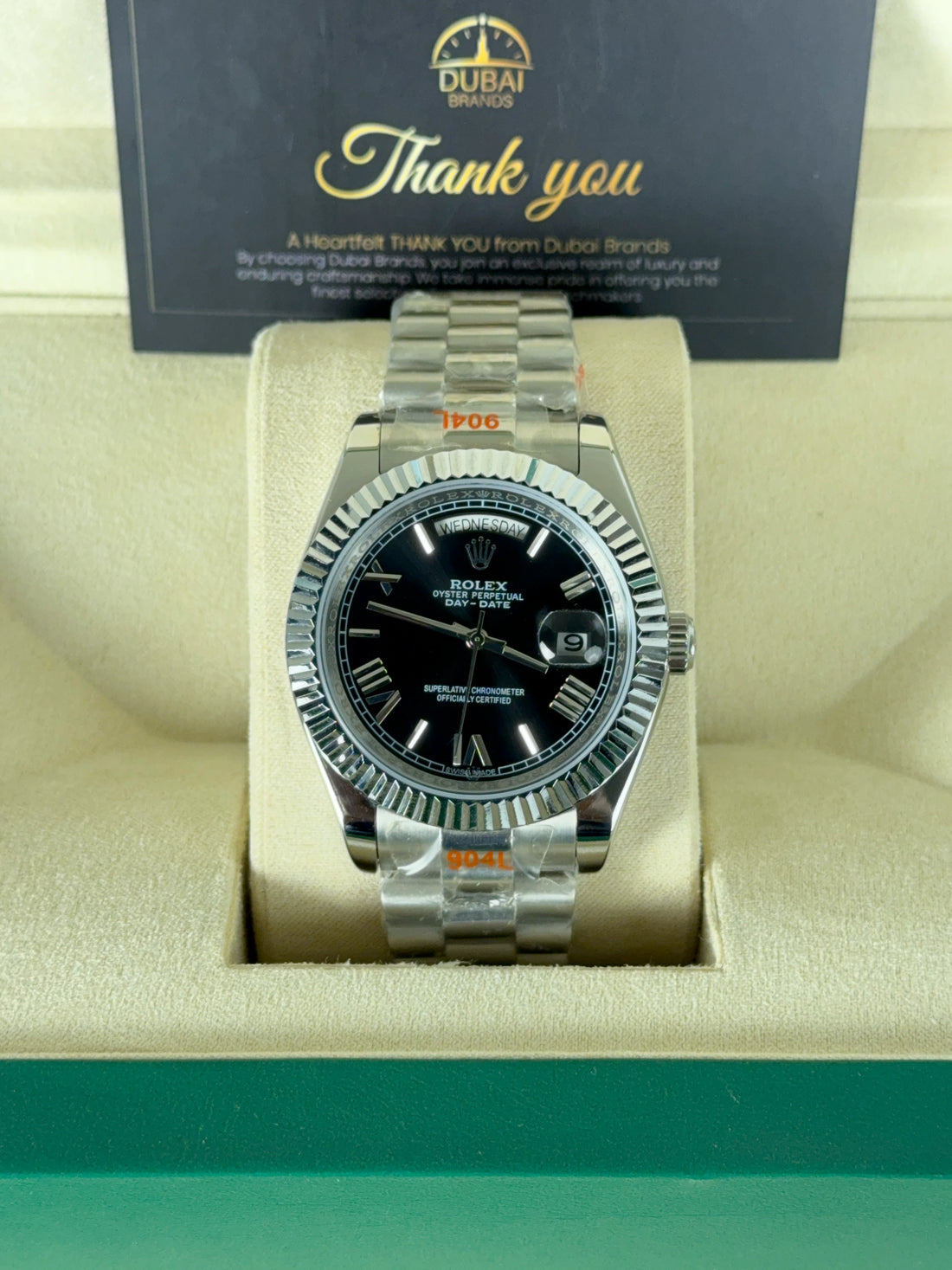 Rolex Day Date 40 Stainless Steel Black Dial Roman Fluted President