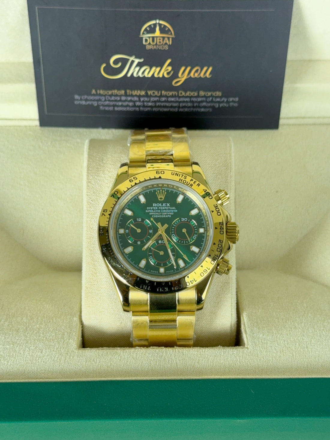 Rolex Daytona 40 Yellow Gold Green Dial Gold Subdials Tachymeter Oyster