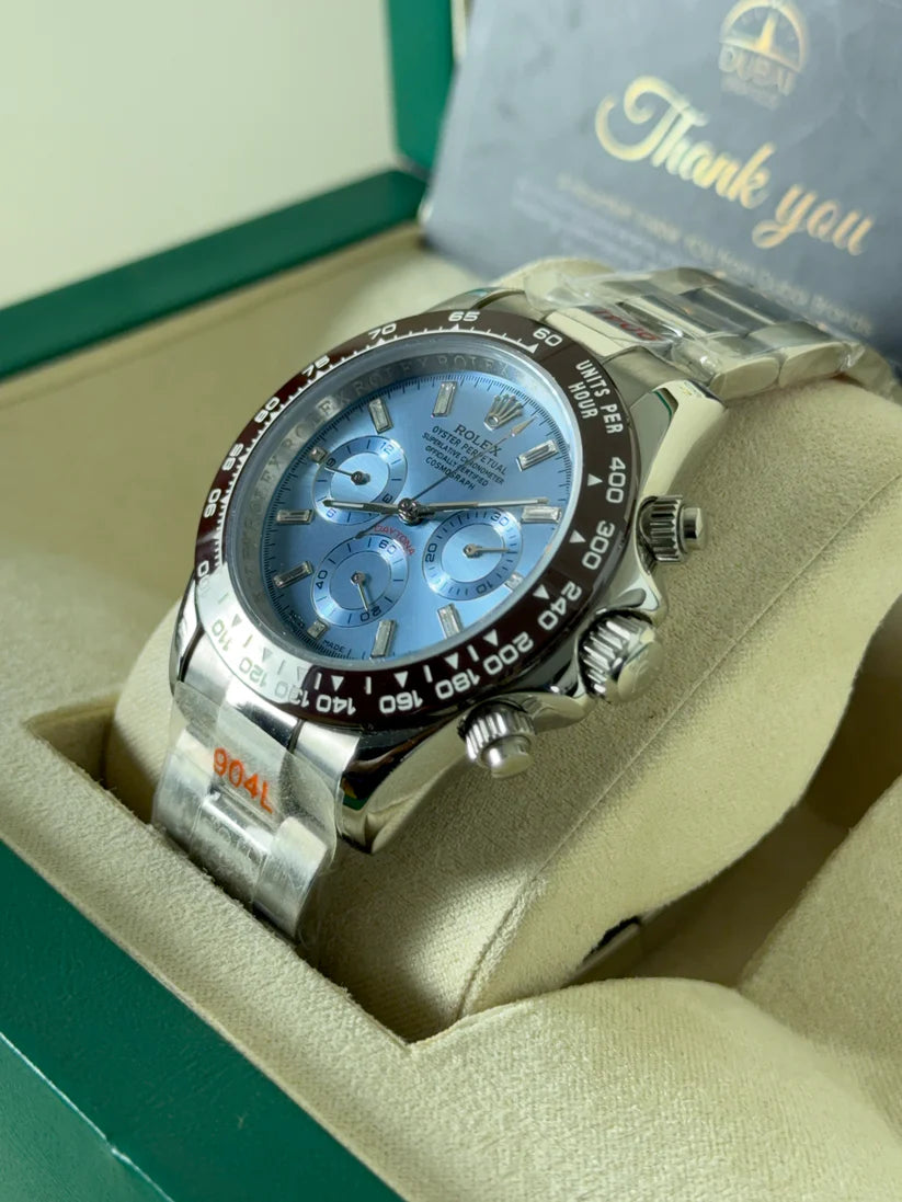 Rolex Daytona 40mm Ice Blue Dial Brown Ceramic Bezel Stainless Steel Oyster Bracelet