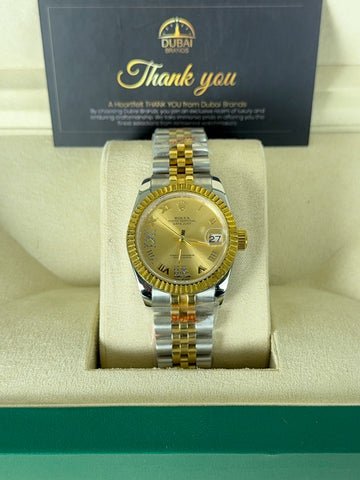 Rolex Datejust 31 Two Tone Champagne Dial Roman Numerals Diamond VI Fluted Bezel Jubilee Bracelet