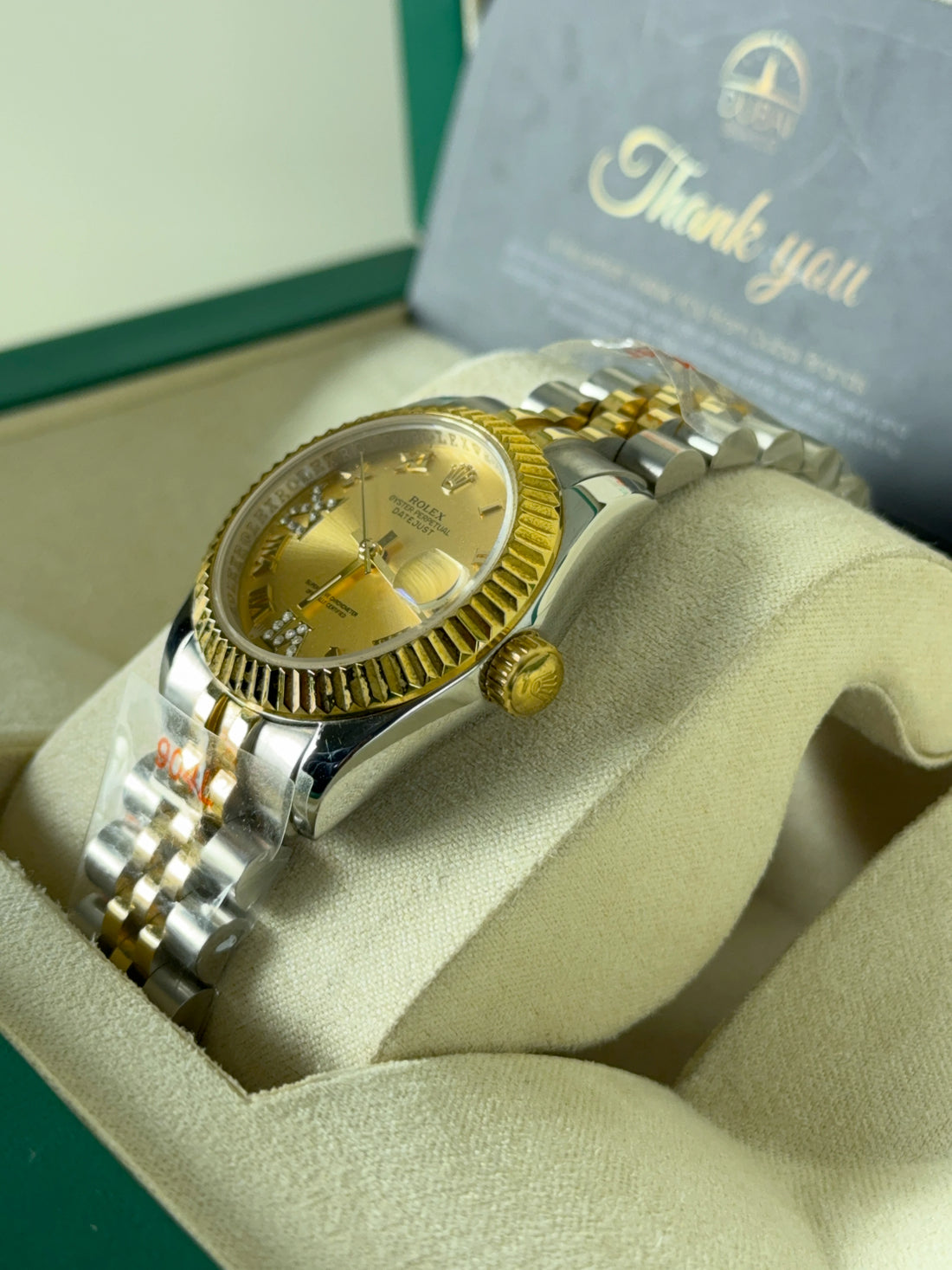Rolex Datejust 31 Two Tone Champagne Dial Roman Numerals Diamond VI Fluted Bezel Jubilee Bracelet