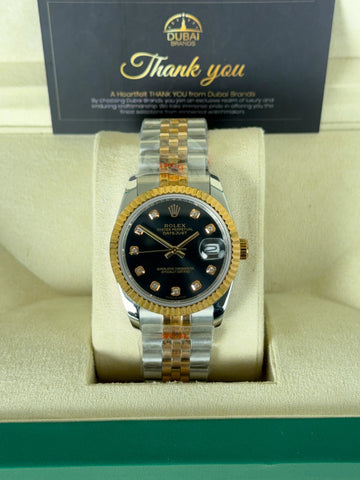Rolex Datejust 31 Two Tone Black Dial Diamond Markers Fluted Bezel Jubilee Bracelet