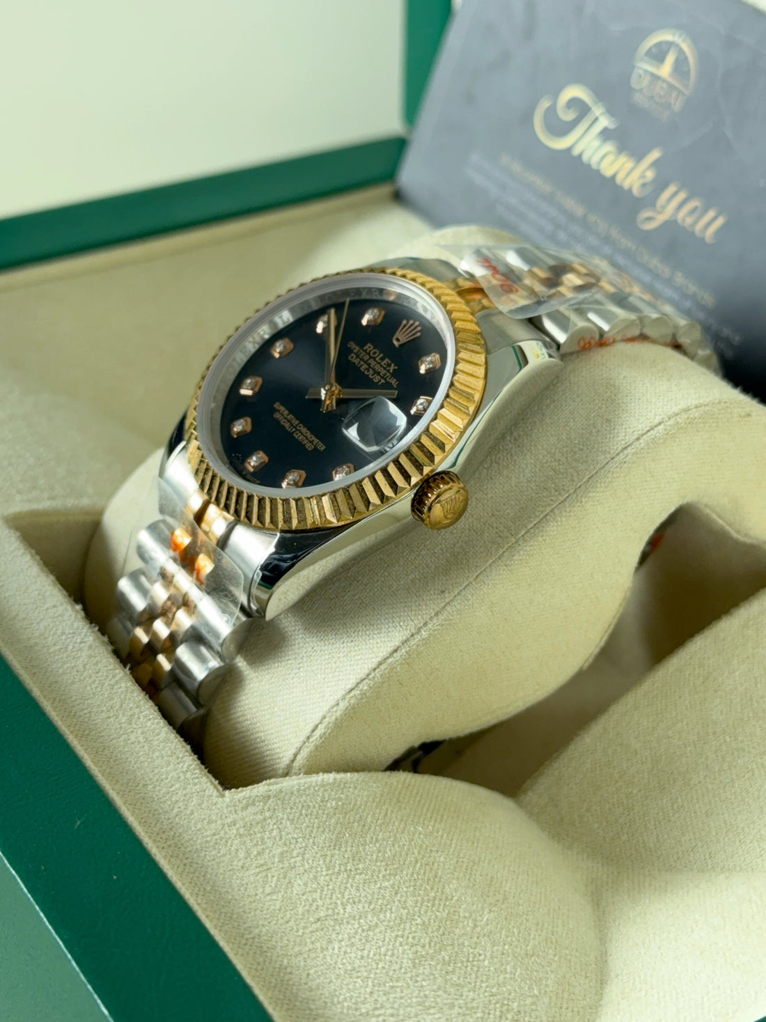 Rolex Datejust 31 Two Tone Black Dial Diamond Markers Fluted Bezel Jubilee Bracelet